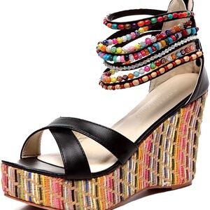 DREAM PAIRS Bling 1 Beaded Anklet Platform Wedge Zip Sandals High Heels Sz 6.5